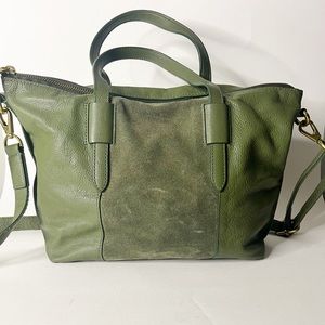 Fossil Olive Green Leather Suede Satchel Crossbody Handbag